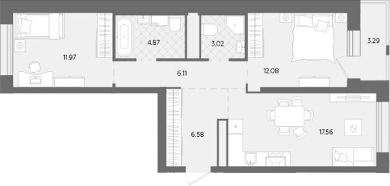 Планировка — Теплые кварталы. Паритет Девелопмент, 3-комн., 62 м²