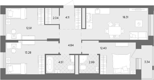 Планировка — Теплые кварталы. Паритет Девелопмент, 4-комн., 75 м²