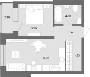Планировка — Теплые кварталы. Паритет Девелопмент, 2-комн., 39 м²