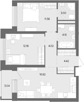 Планировка — Теплые кварталы. Паритет Девелопмент, 3-комн., 56 м²