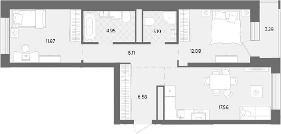 Планировка — Теплые кварталы. Паритет Девелопмент, 3-комн., 62 м²
