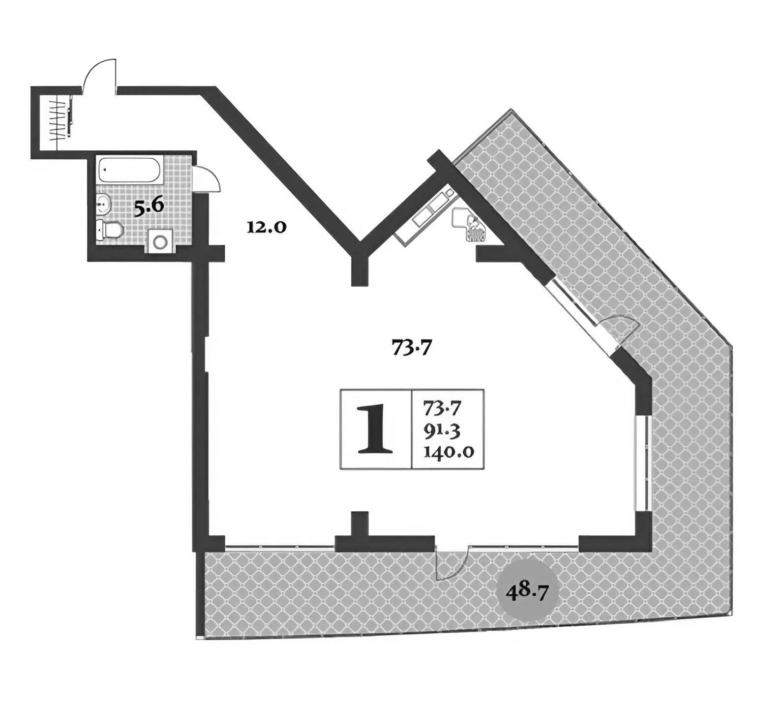 Планировка — Царский берег, Студия, 91 м²