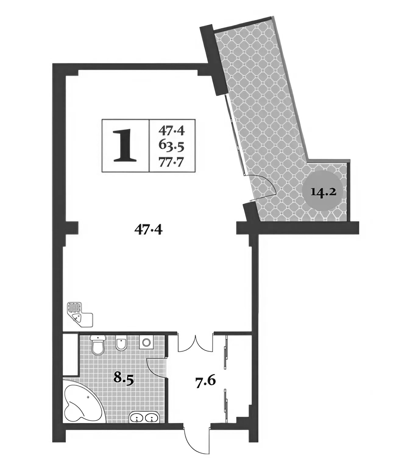Планировка — Царский берег, Студия, 64 м²