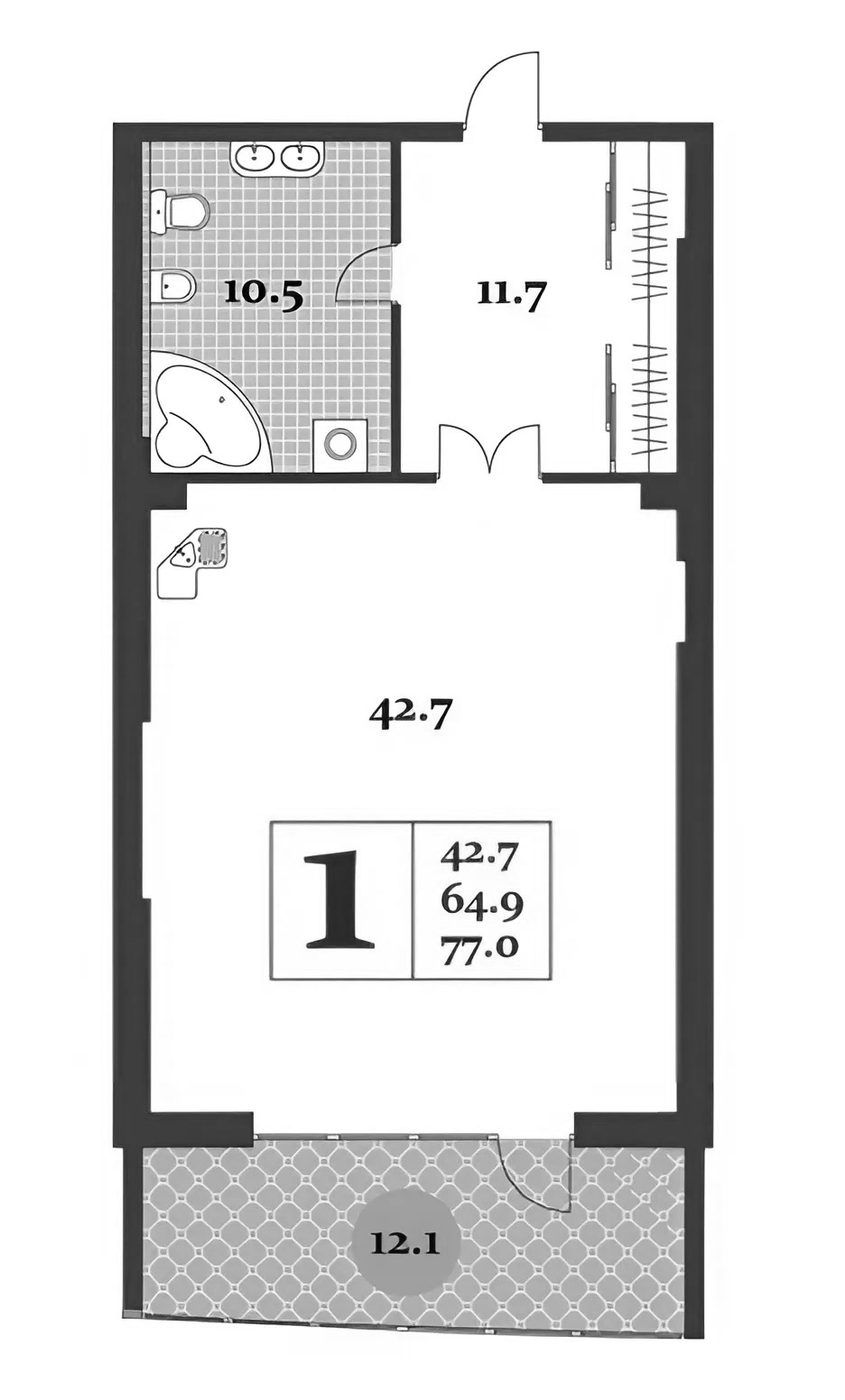 Планировка — Царский берег, Студия, 65 м²