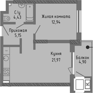 Планировка — Сок, 2-комн., 44 м²
