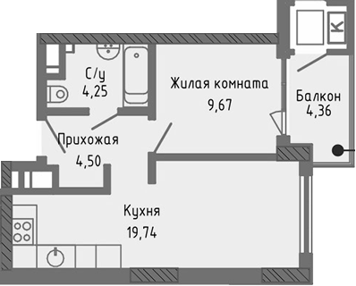 Планировка — Сок, 2-комн., 38 м²