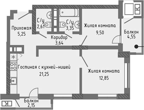 Планировка — Сок, 3-комн., 58 м²