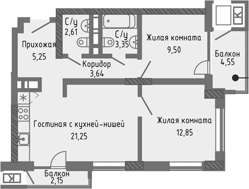 Планировка — Сок, 3-комн., 58 м²