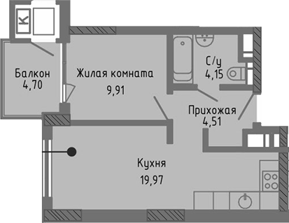 Планировка — Сок, 2-комн., 39 м²