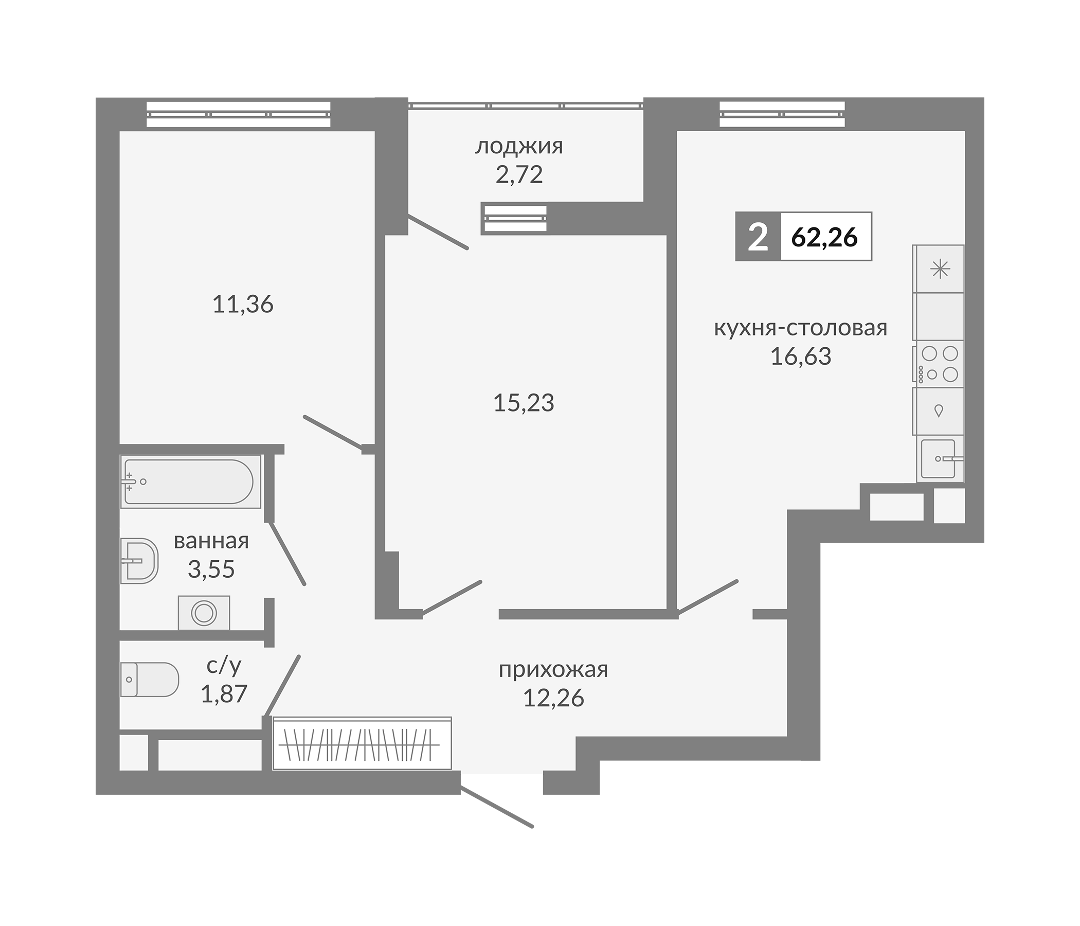 Планировка — Видный, 2-комн., 61 м²