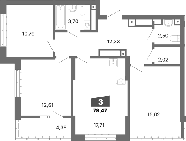 Планировка — Трилогия, 3-комн., 77 м²
