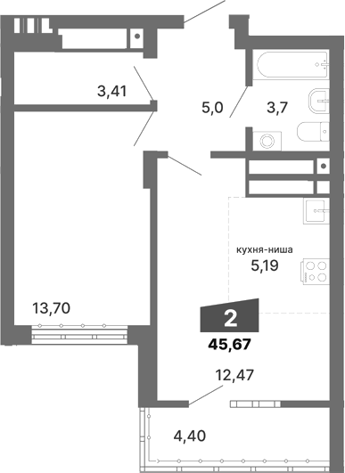 Планировка — Трилогия, 1-комн., 43 м²
