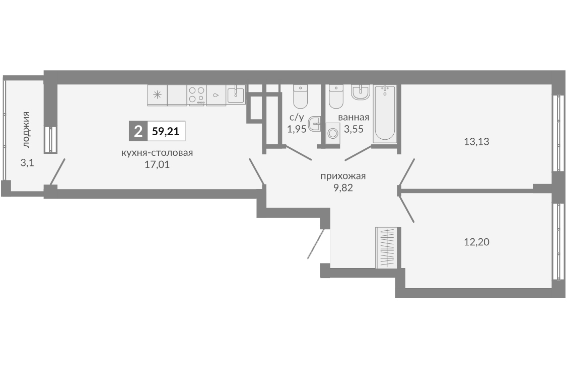Планировка — Видный, 2-комн., 58 м²