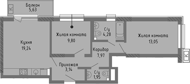 Планировка — Сок, 3-комн., 59 м²
