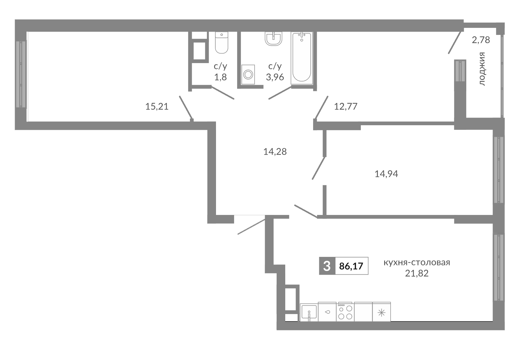 Планировка — Видный, 3-комн., 85 м²
