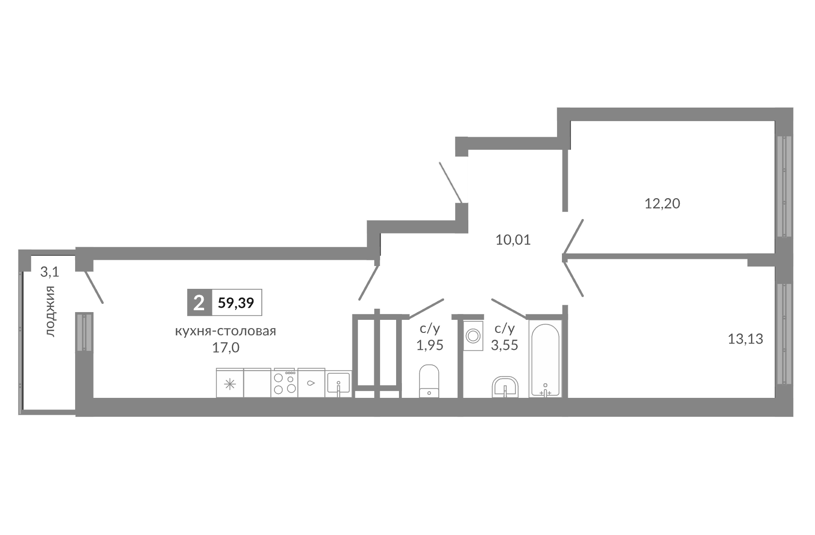 Планировка — Видный, 2-комн., 58 м²
