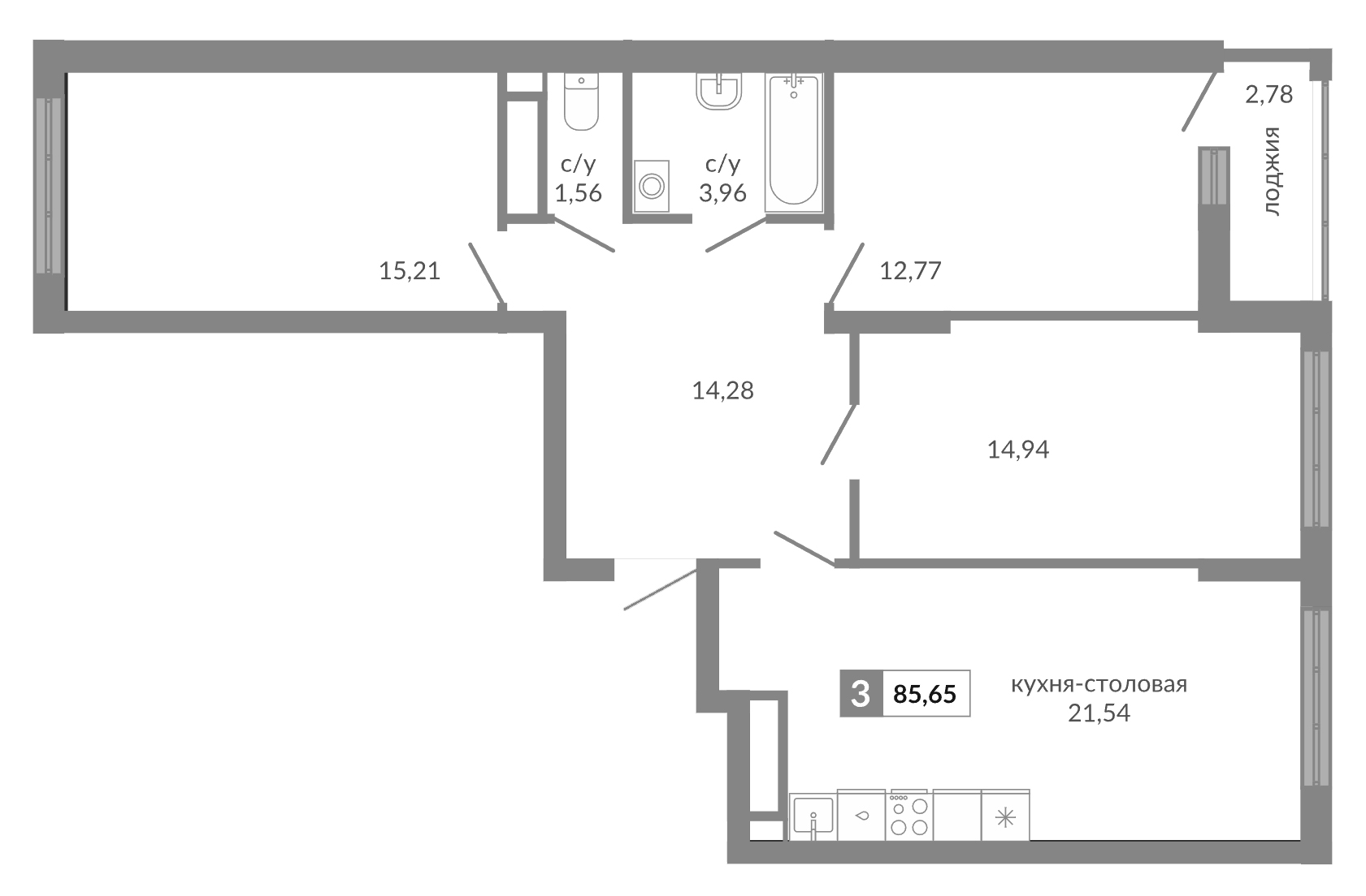 Планировка — Видный, 3-комн., 84 м²