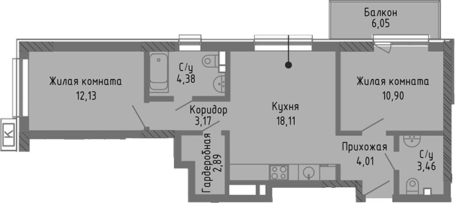 Планировка — Сок, 3-комн., 59 м²