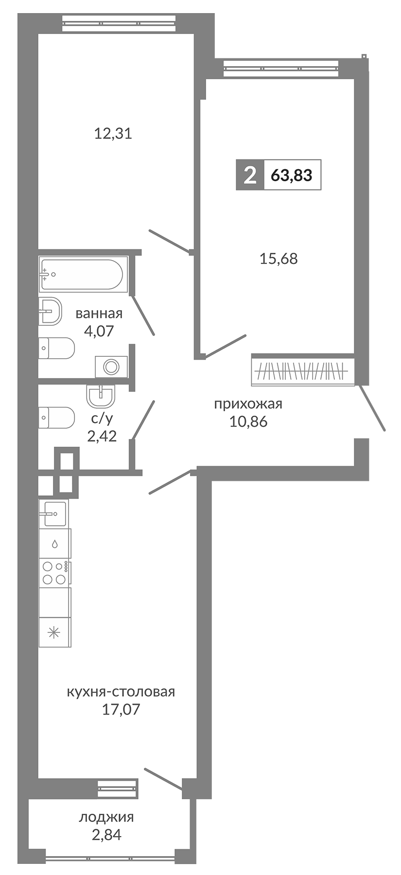 Планировка — Видный, 2-комн., 62 м²