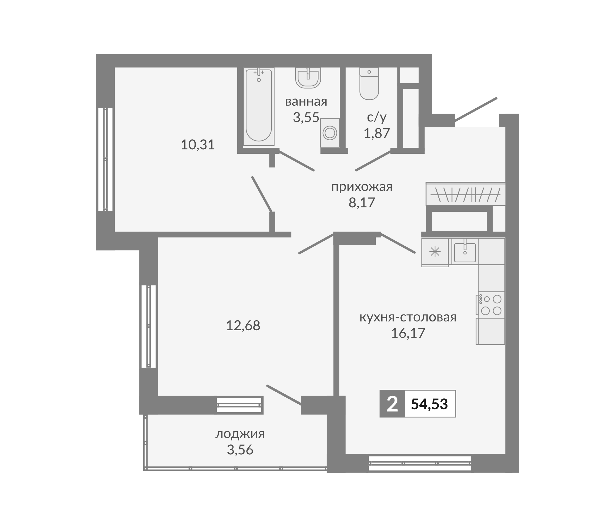 Планировка — Видный, 2-комн., 53 м²