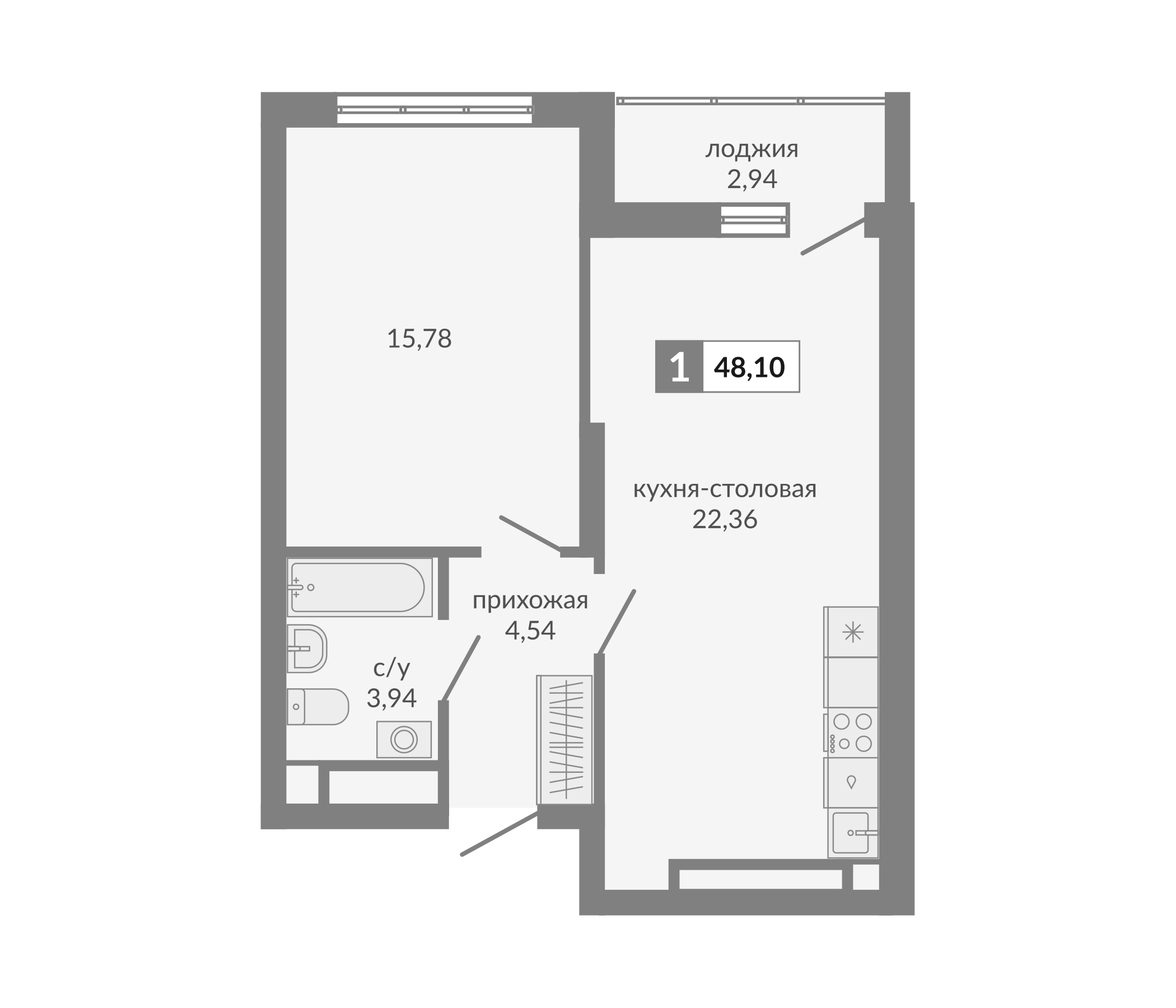 Планировка — Видный, 1-комн., 47 м²