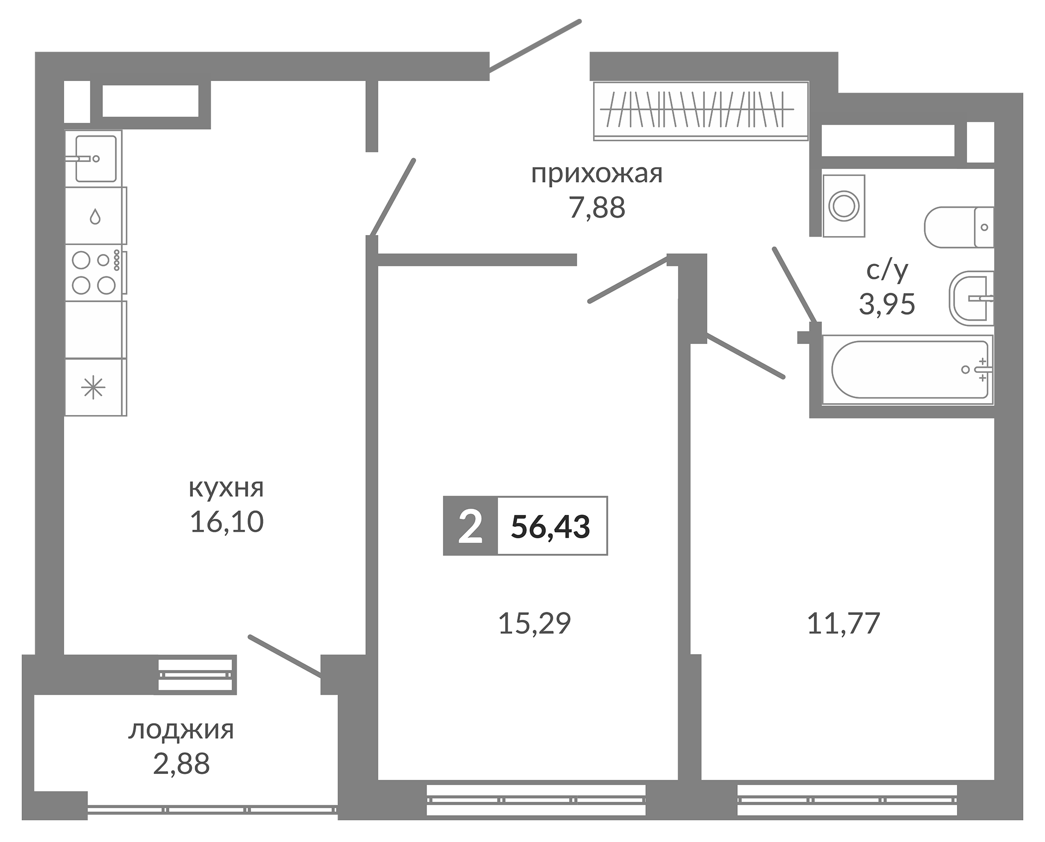 Планировка — Видный, 2-комн., 55 м²