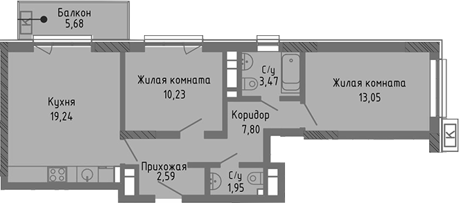 Планировка — Сок, 3-комн., 58 м²