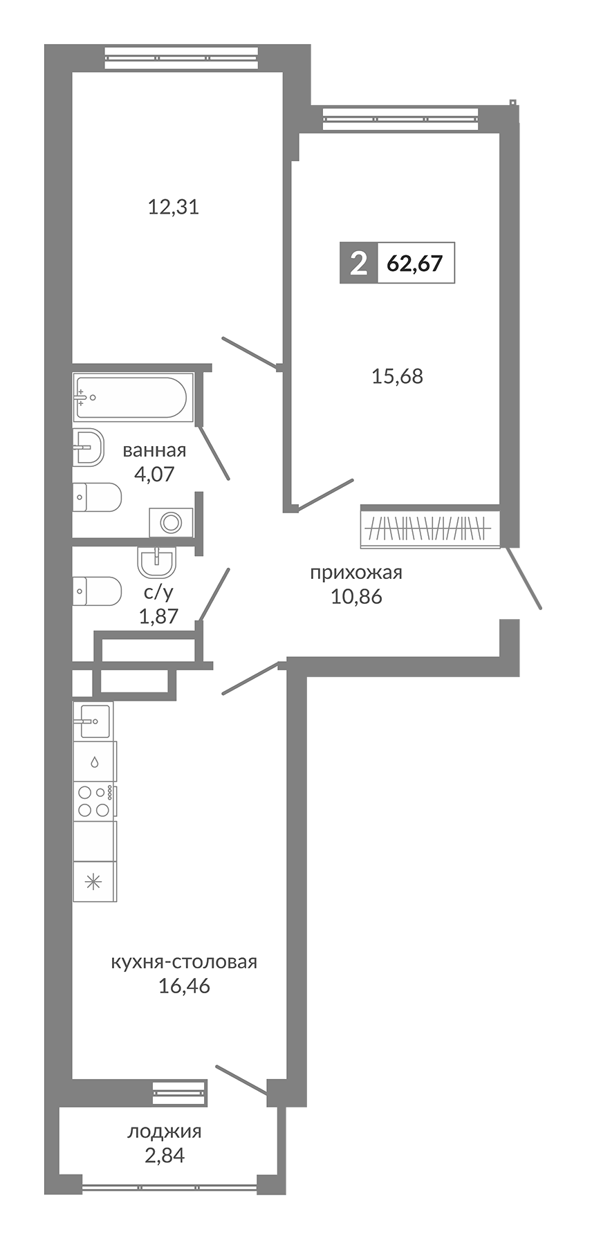 Планировка — Видный, 2-комн., 61 м²