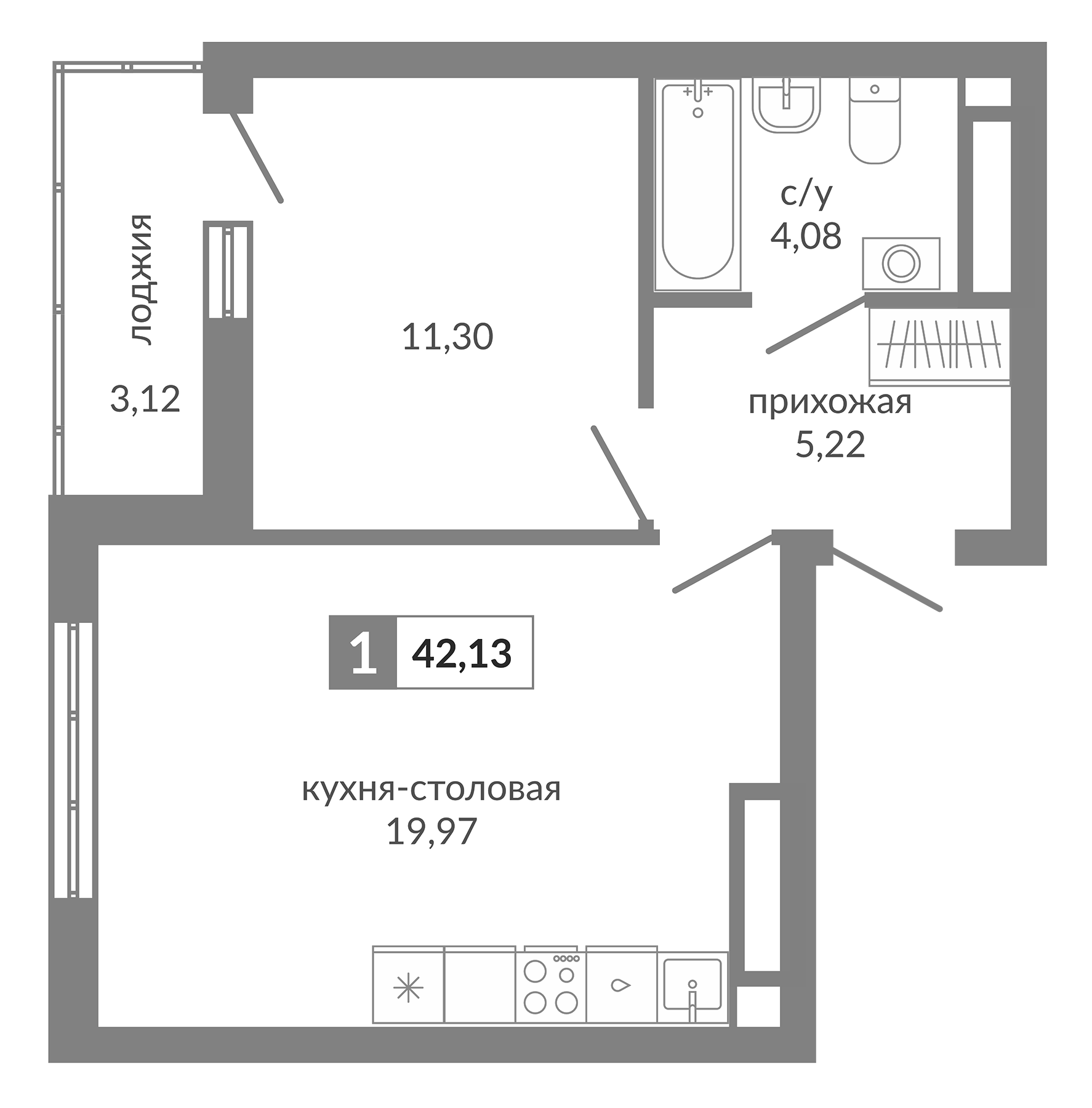 Планировка — Видный, 1-комн., 41 м²