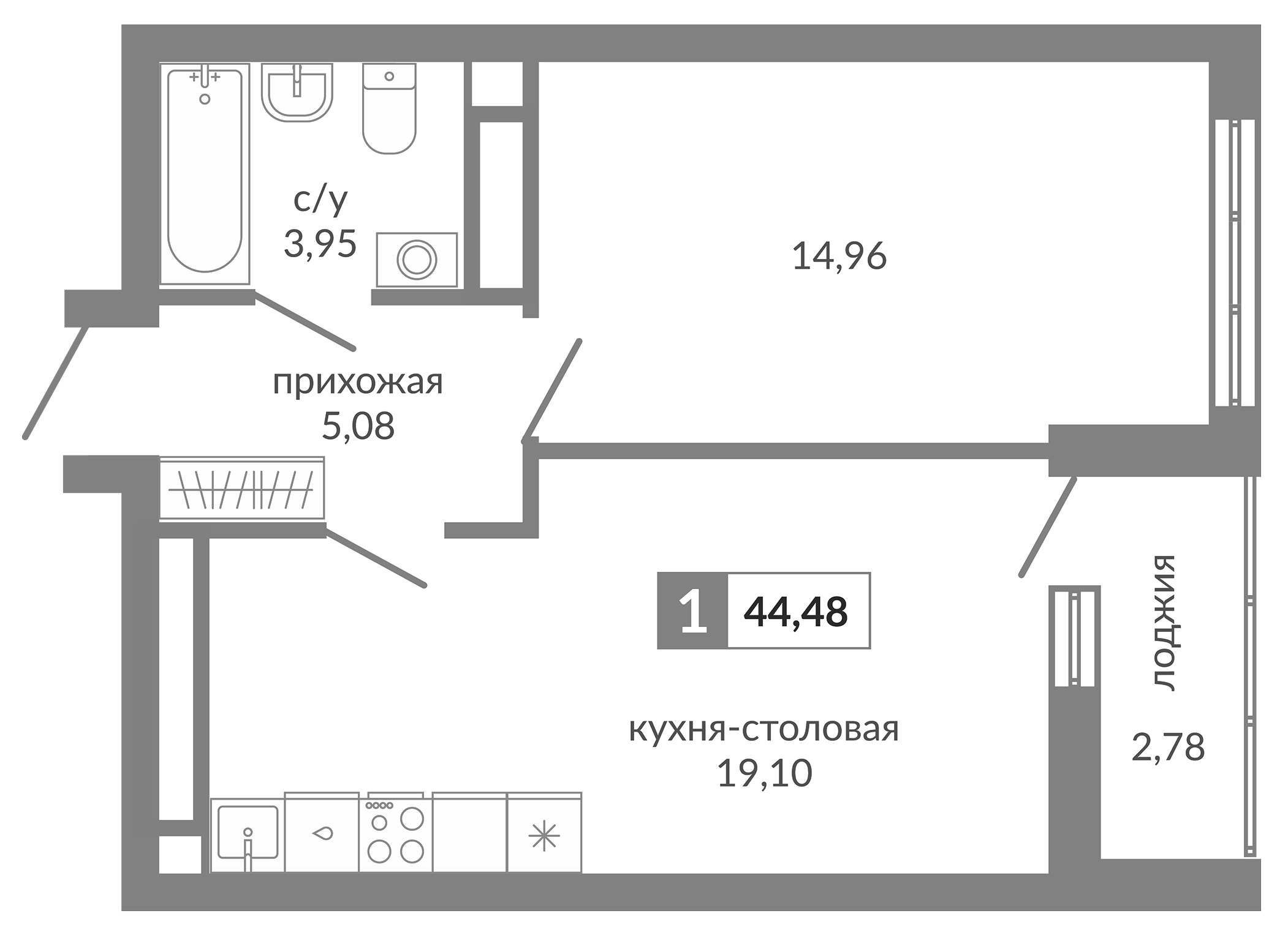 Планировка — Видный, 1-комн., 43 м²