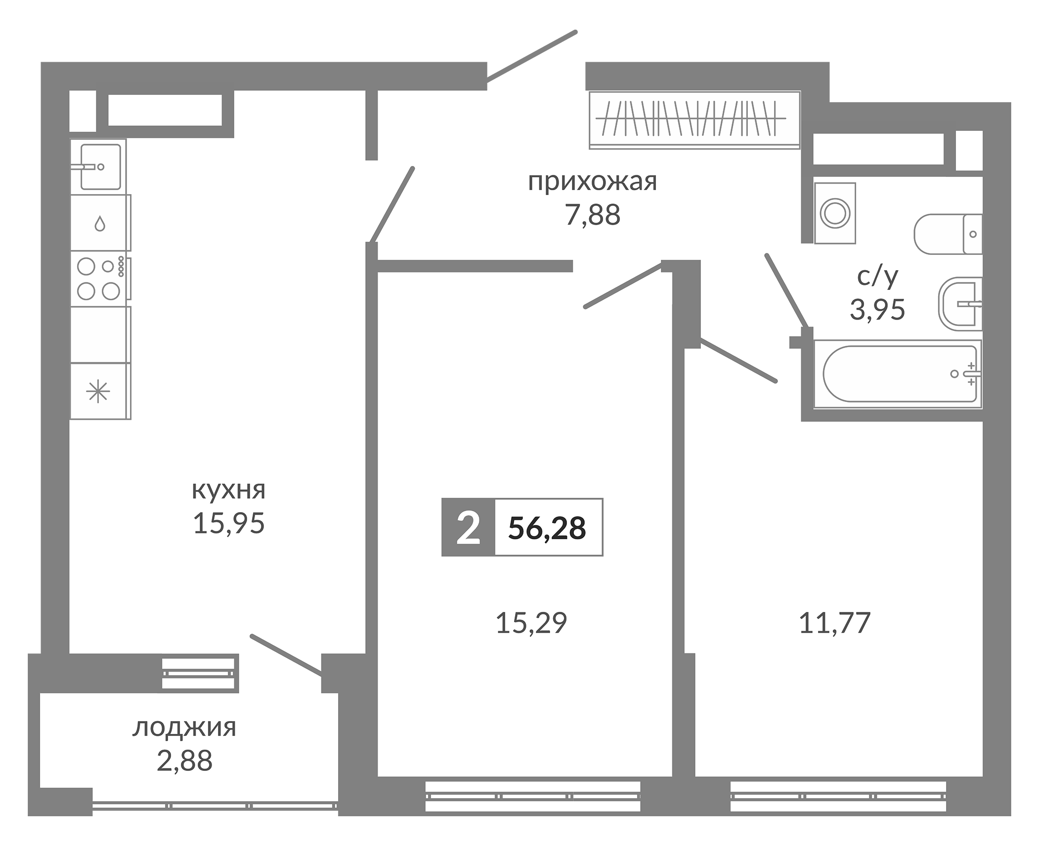 Планировка — Видный, 2-комн., 55 м²