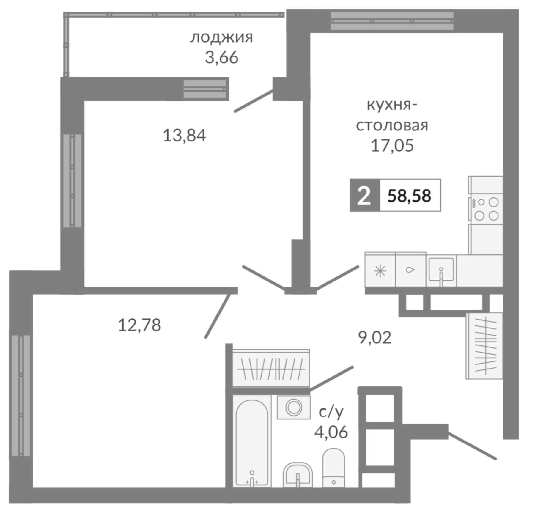 Планировка — Видный, 2-комн., 57 м²