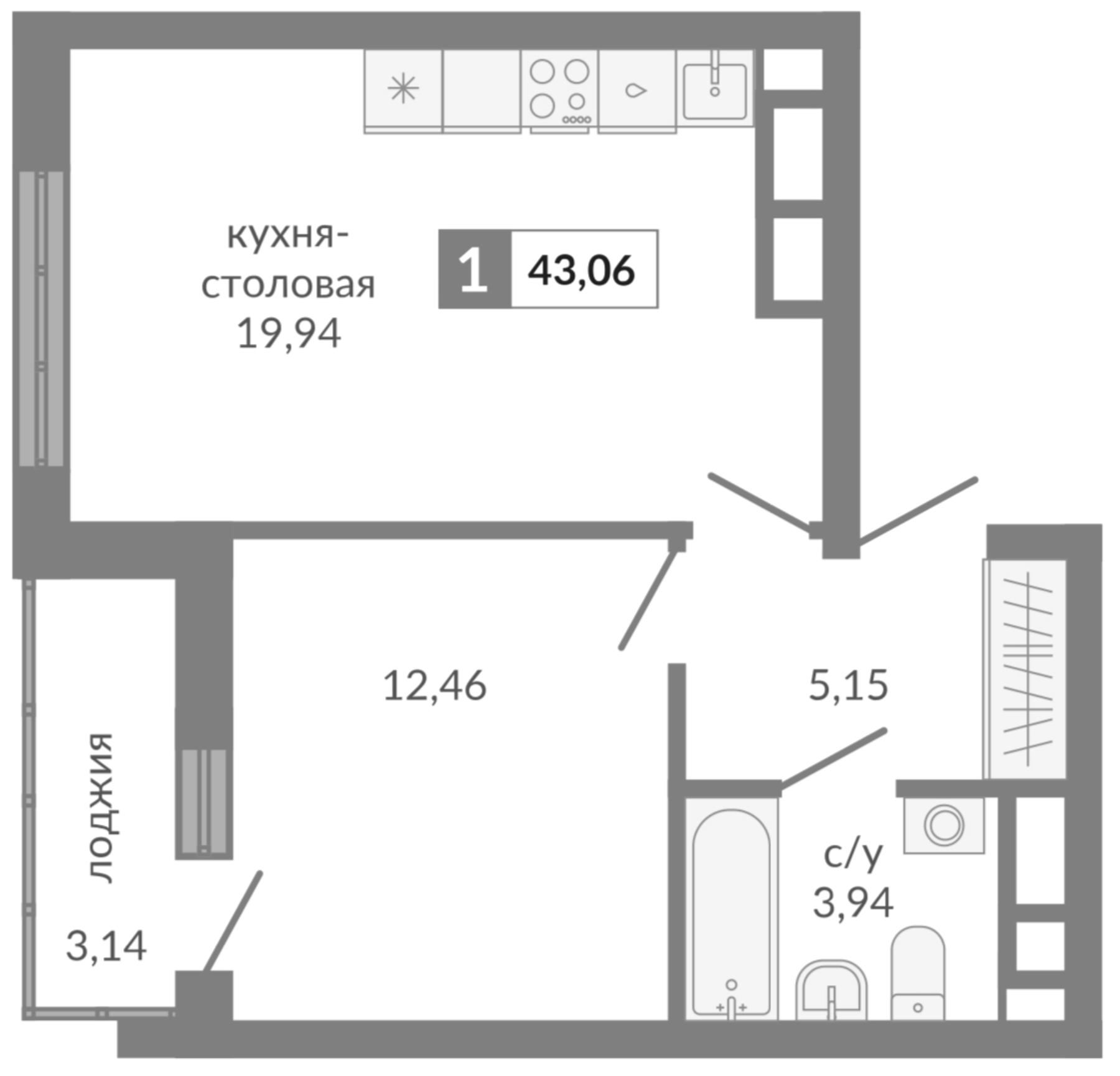 Планировка — Видный, 1-комн., 41 м²