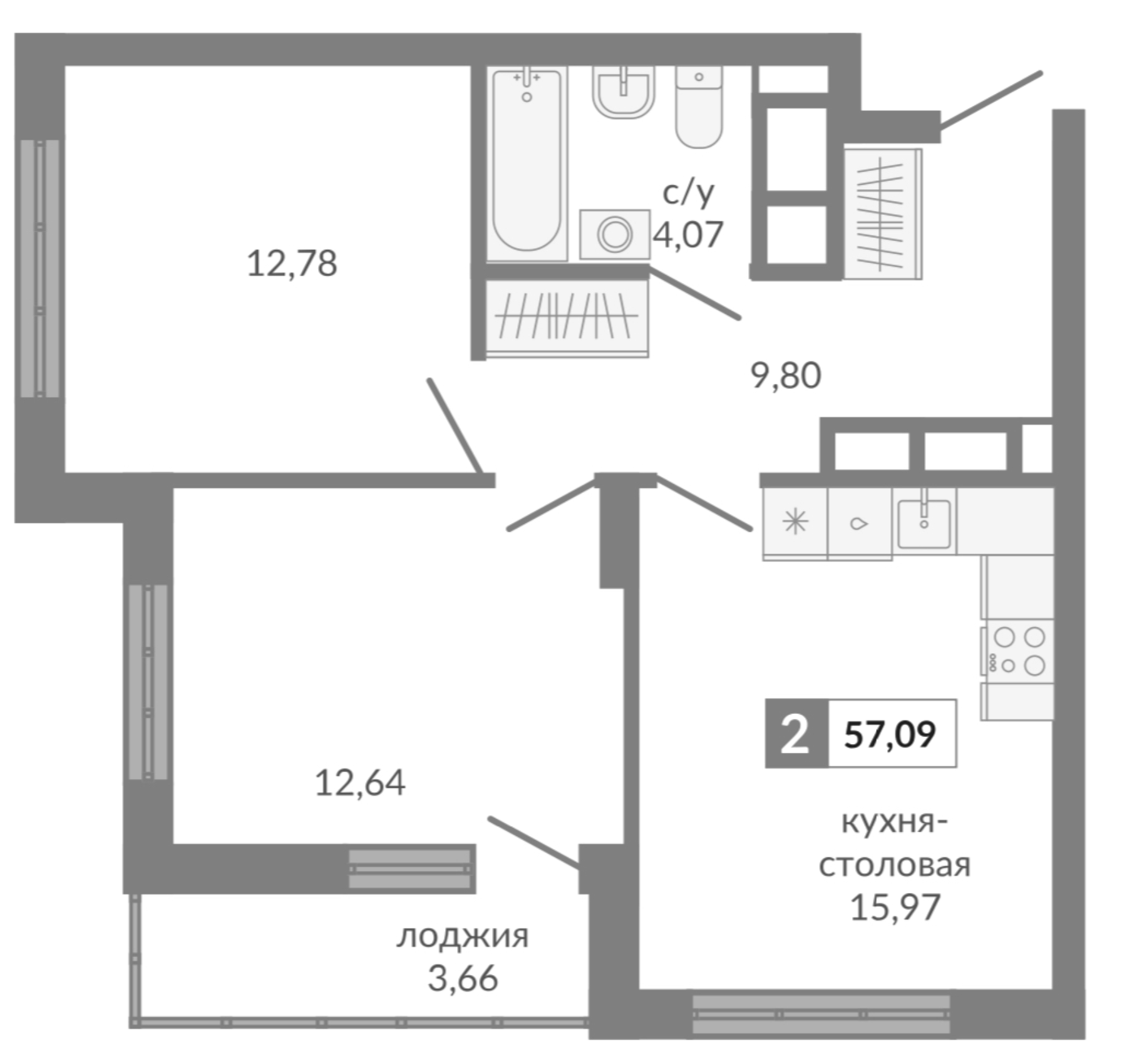 Планировка — Видный, 2-комн., 55 м²