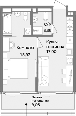 Планировка — ТЕМПО, 1-комн., 40 м²