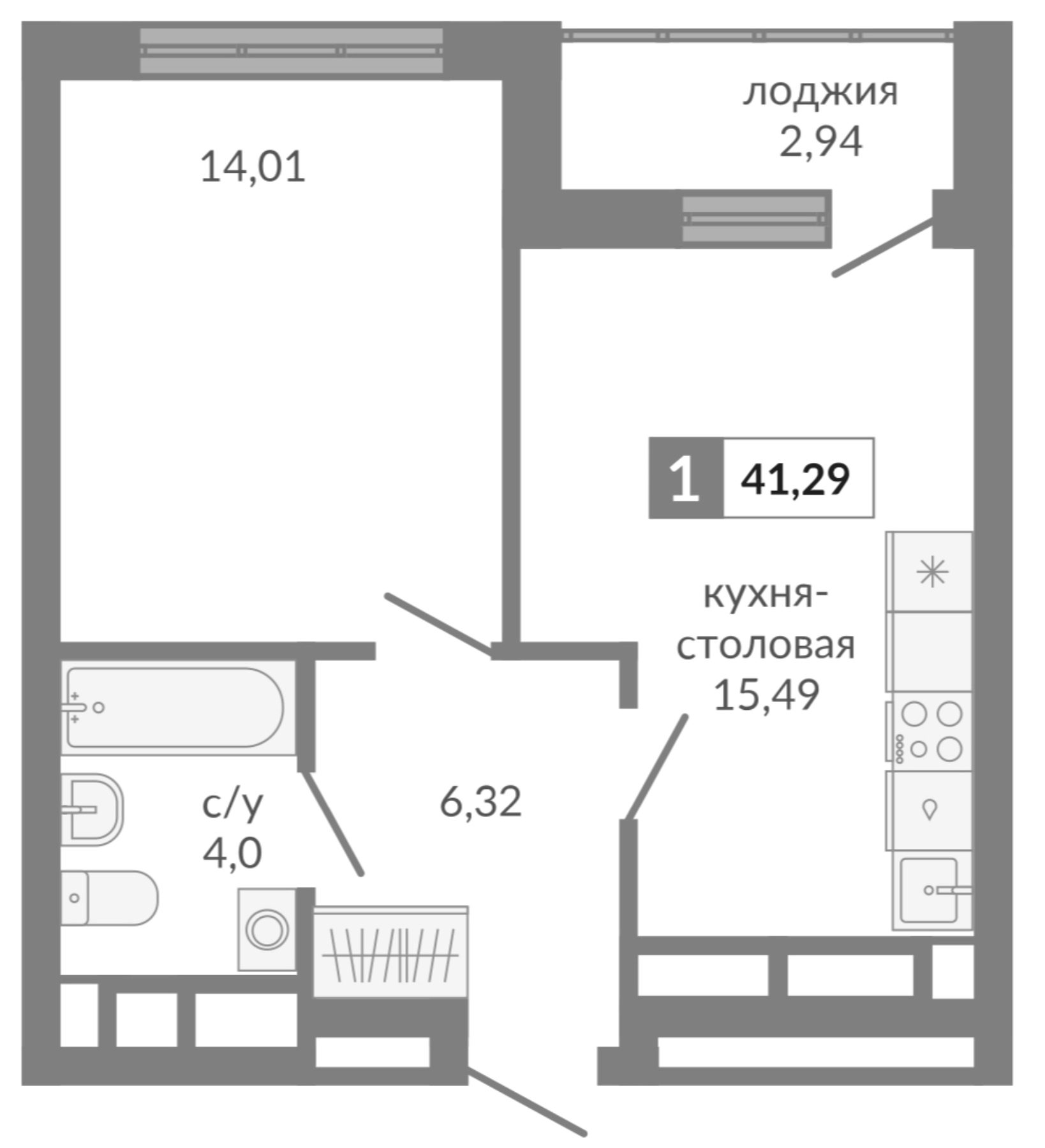 Планировка — Видный, 1-комн., 40 м²