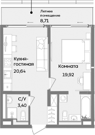 Планировка — ТЕМПО, 2-комн., 44 м²