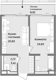 Планировка — ТЕМПО, 2-комн., 44 м²