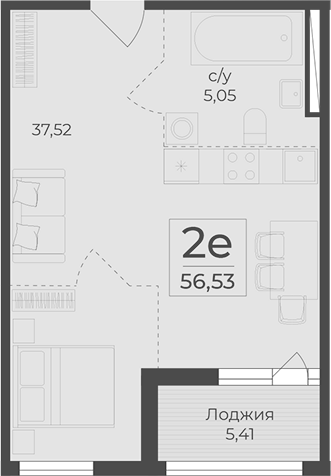 Планировка — Botanica, 1-комн., 51 м²