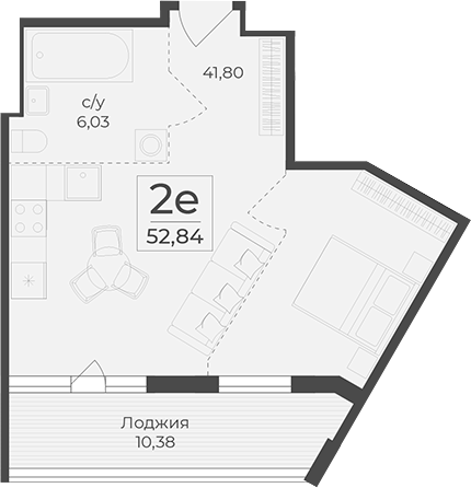 Планировка — Botanica, 1-комн., 52 м²