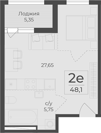Планировка — Botanica, 1-комн., 43 м²