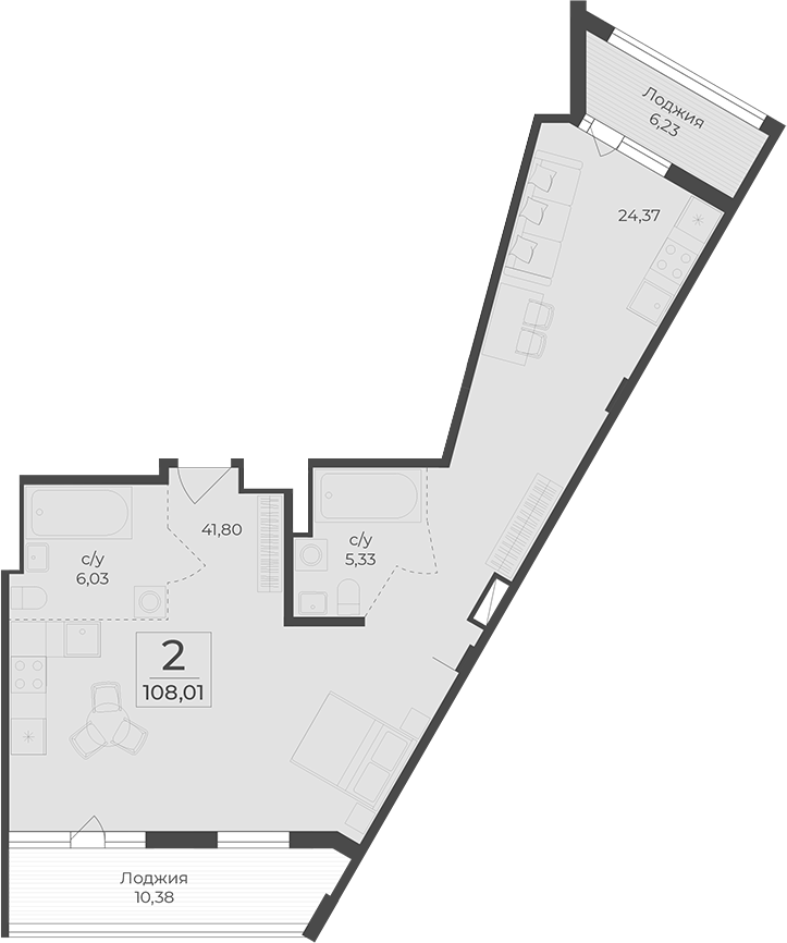 Планировка — Botanica, 1-комн., 91 м²