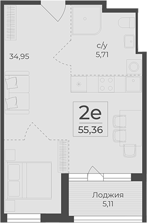 Планировка — Botanica, 1-комн., 48 м²