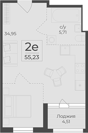 Планировка — Botanica, 1-комн., 51 м²