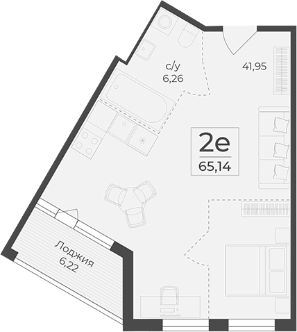 Планировка — Botanica, 1-комн., 59 м²