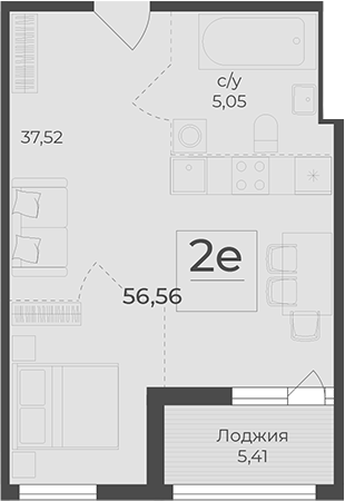 Планировка — Botanica, 1-комн., 51 м²