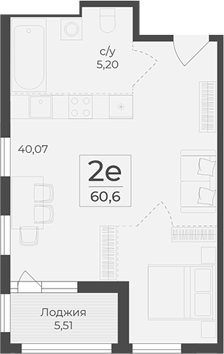 Планировка — Botanica, 1-комн., 55 м²