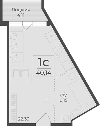 Планировка — Botanica, Студия, 36 м²