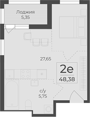 Планировка — Botanica, 1-комн., 43 м²