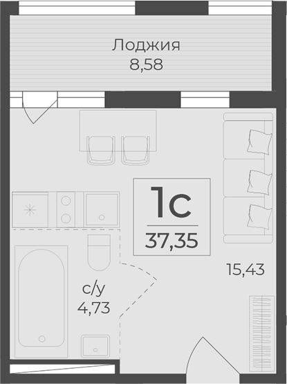 Планировка — Botanica, Студия, 29 м²